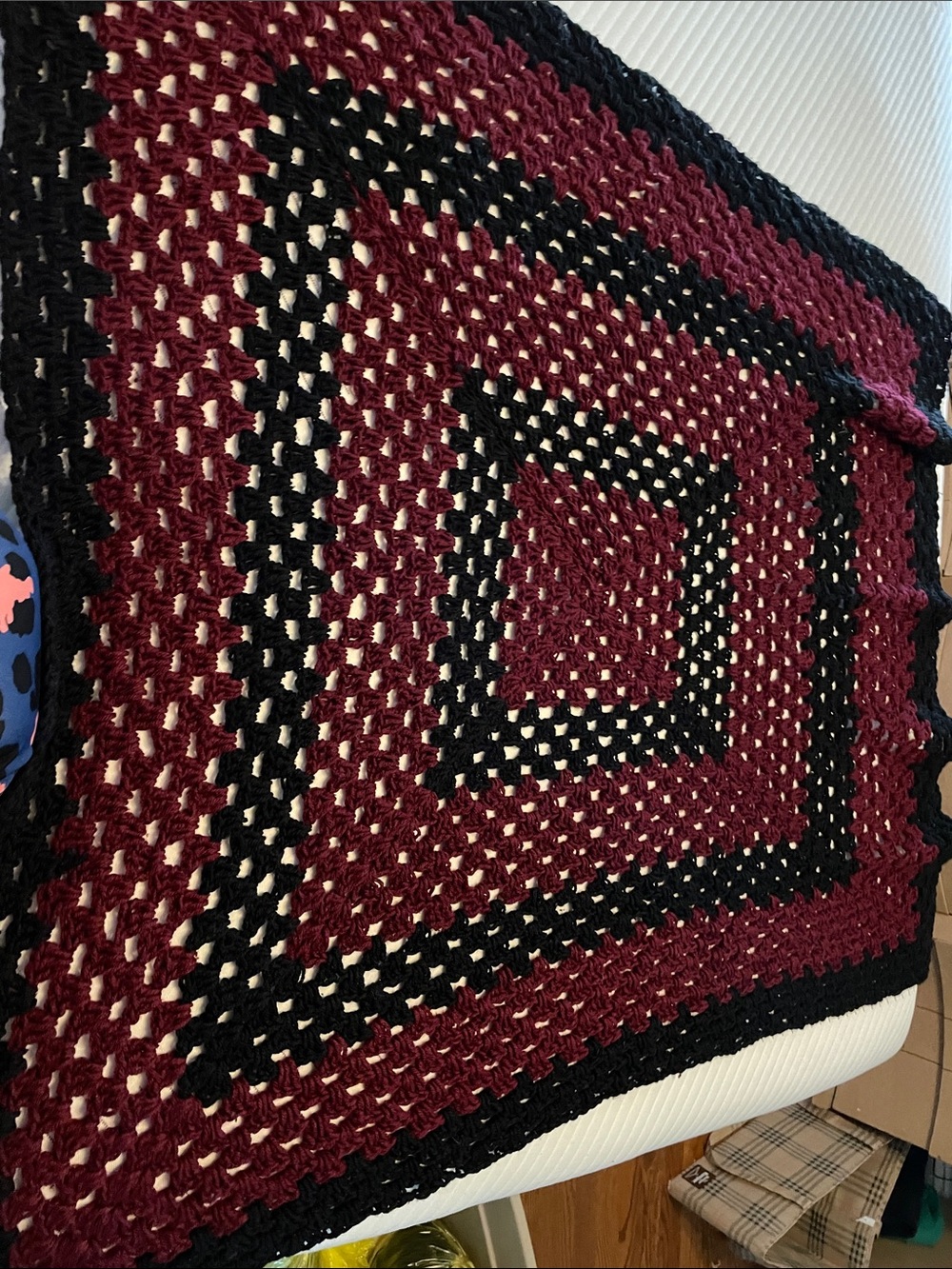 38” Handmade Crochet granny square Throw Blanket in Burgundy and Black